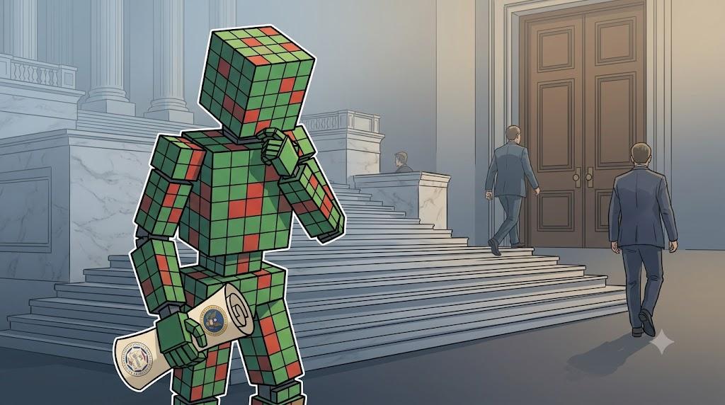 Robot holds SEC and CFTC regulatory documents outside Senate chamber