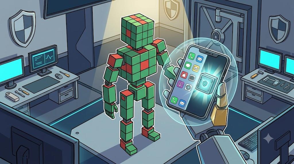Robot holding anti-tamper Ledger Atom security device with dual interface