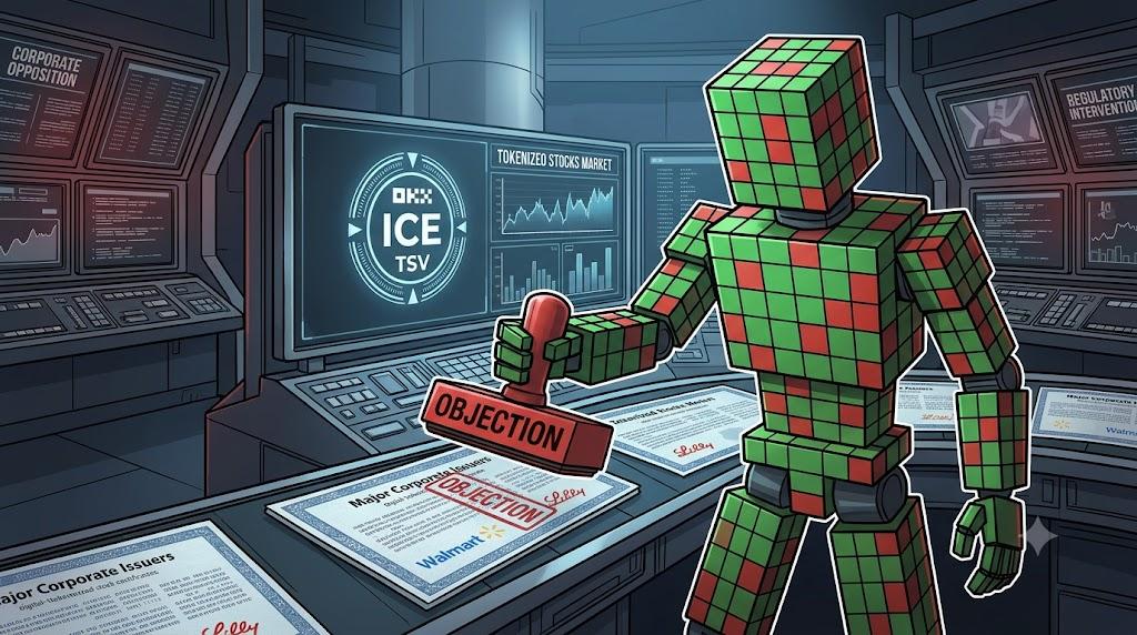 Blocky robot stamping red objection notices on tokenized stock certificates