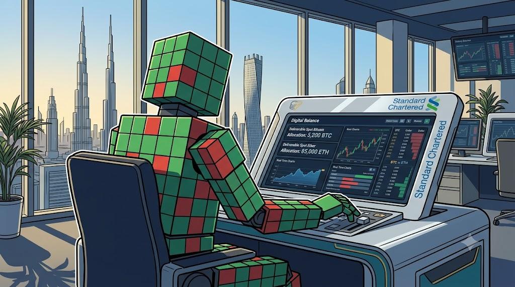 Faceless cubic robot trades spot Bitcoin at Standard Chartered terminal