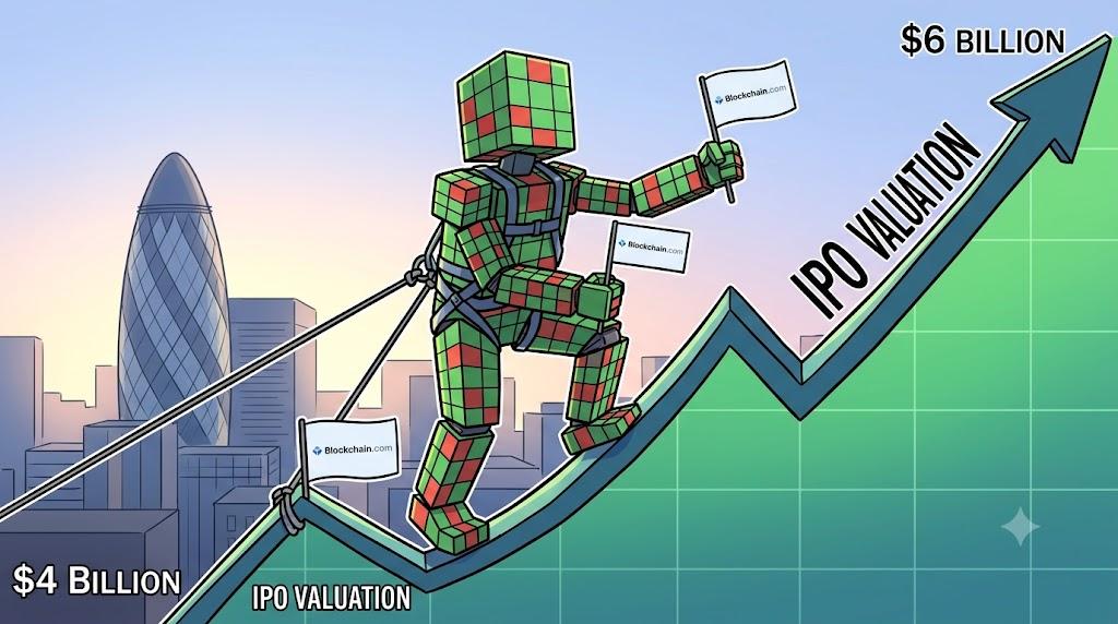 Robot carefully charting Blockchain.com's $6B [IPO] valuation climb in London