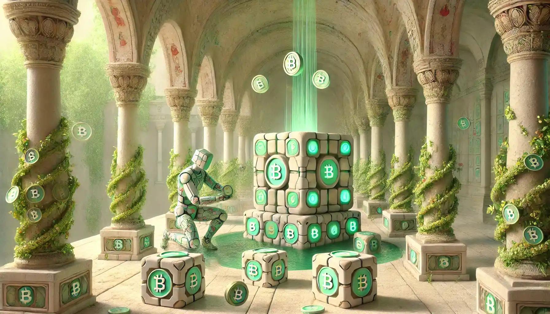 Robot collecting DeFi orbs in pastel treasury temple [DeFi]