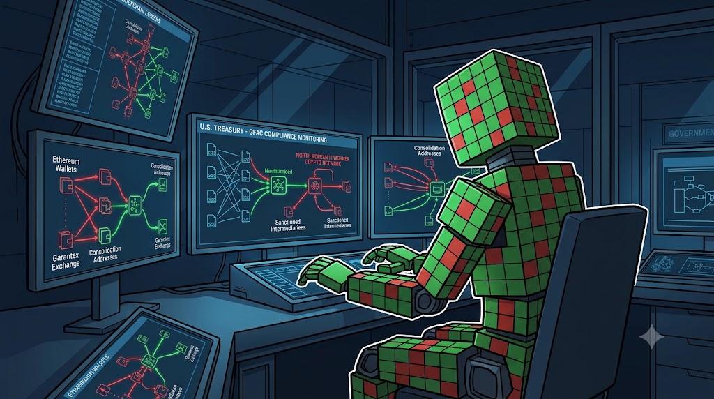 Blocky robot analyzing cryptocurrency transaction flows on multiple digital screens