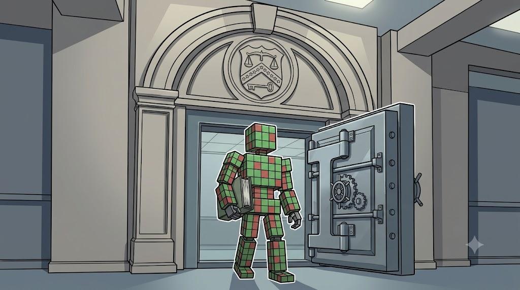 Cubic robot stamping stablecoin compliance papers in an OCC office
