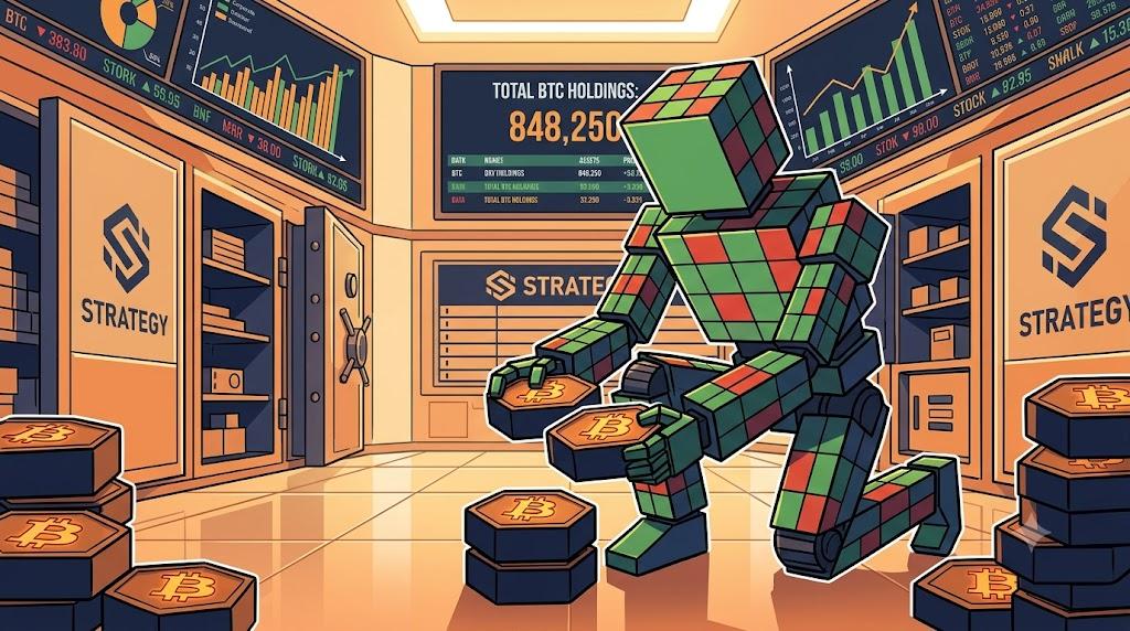 Robot adding bitcoin to corporate treasury vault during market expansion