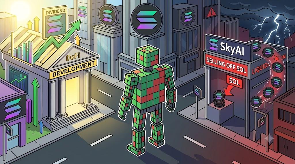 Robot observing diverging corporate strategies across competing Solana treasury firms