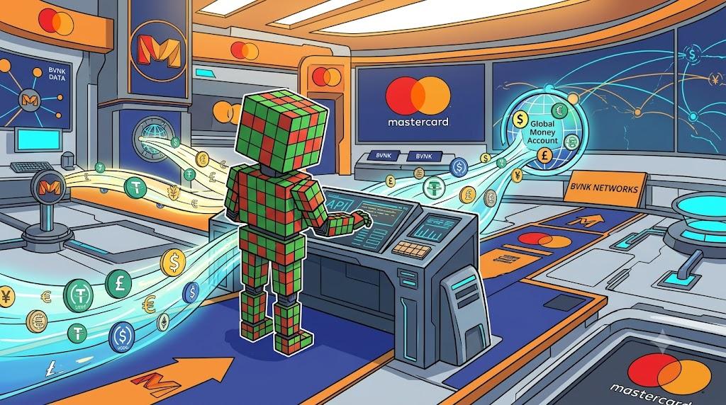 Robot bridging fiat and stablecoin accounts using Mastercard Global Money