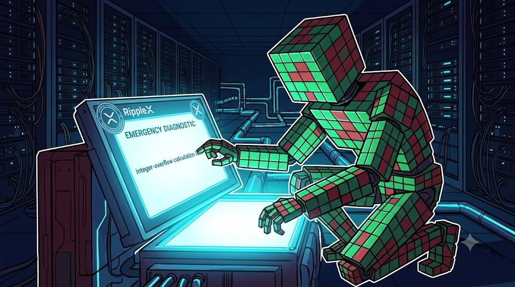 Robot analyzing ledger code after critical xrp flaw discovery.