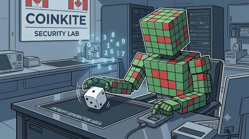 A blocky robot uses dice entropy with Coinkite hardware security