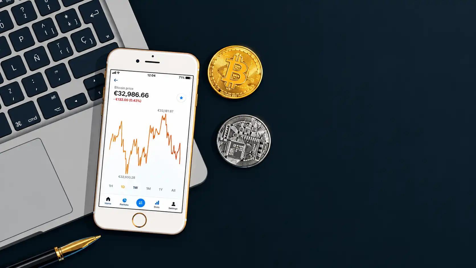 Bitcoin trading illustration beside laptop highlights tokenized settlement infrastructure evolution.