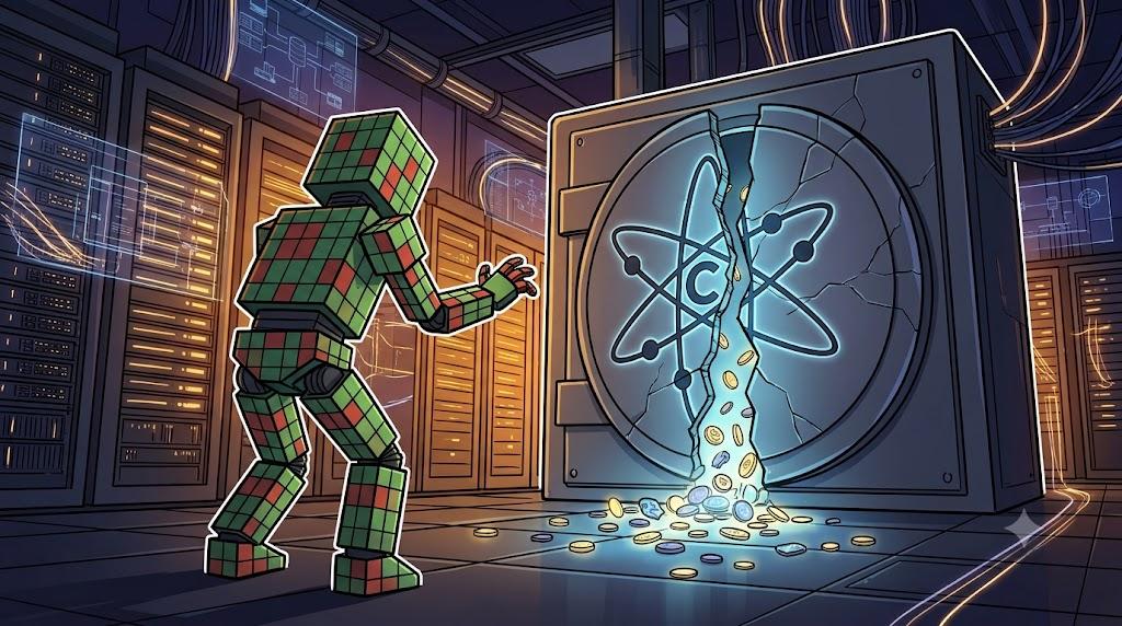robot standing in distress within a glowing server room representing the Cosmos EVM infrastructure