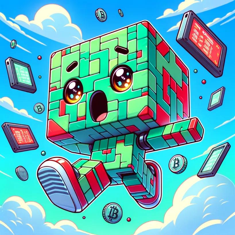 A cartoonish chibi cubic robot with a surprised expression, capturing the sentiment of the SEC's impact on crypto