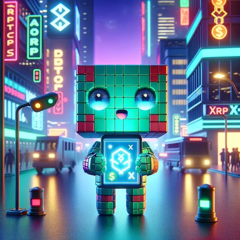 A chibi cubic-styled robot in a digital cityscape, holding a glowing tablet with XRP symbols