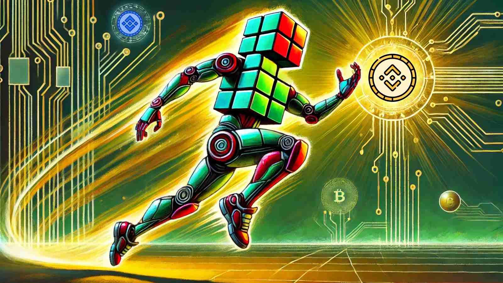 A cubic humanoid robot leaps toward crypto innovation amidst blockchain swirls and merging circuits