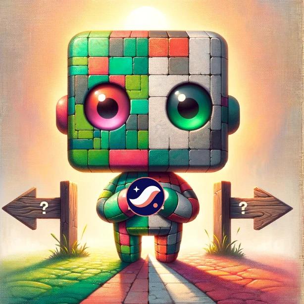 A cute Starknet robot faces a crossroads, representing the uncertainty and mixed emotions surrounding the airdrop's impact on the project's future