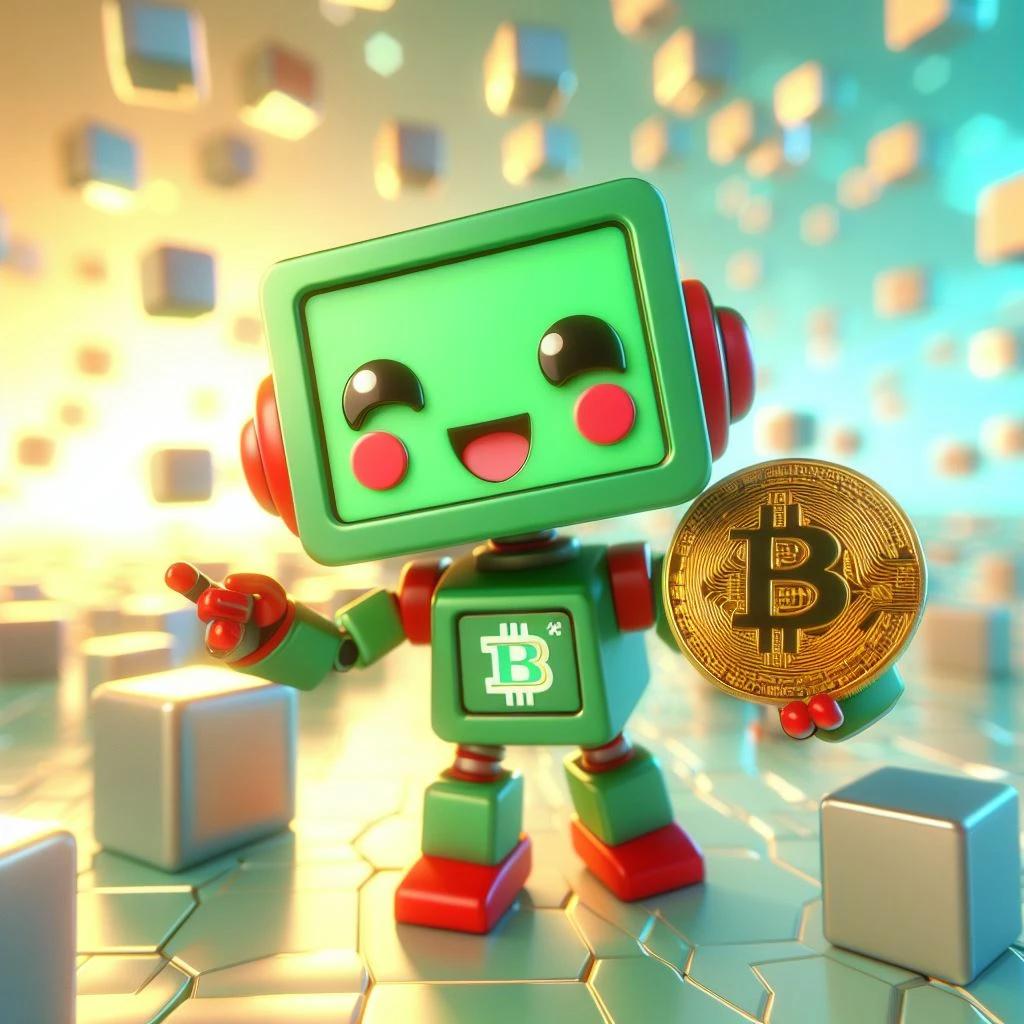 A cute chibi cubic-styled humanoid robot enthusiastically holding a Bitcoin symbol in one hand