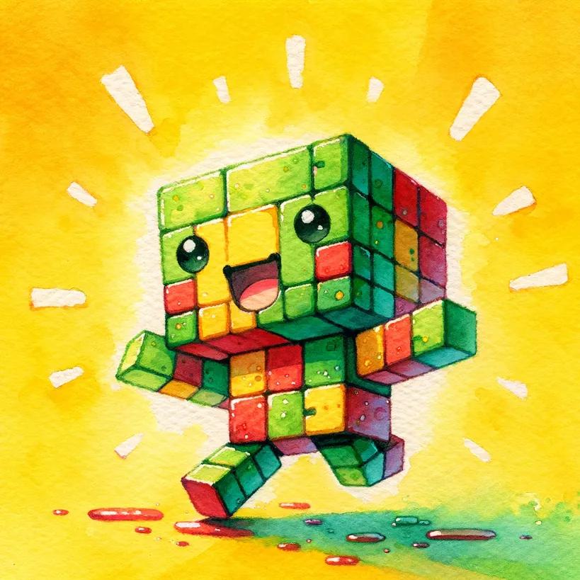 A happy chibi robot with a green and red cubic body dances under golden sunrays celebrating bitcoin repayment from mt gox