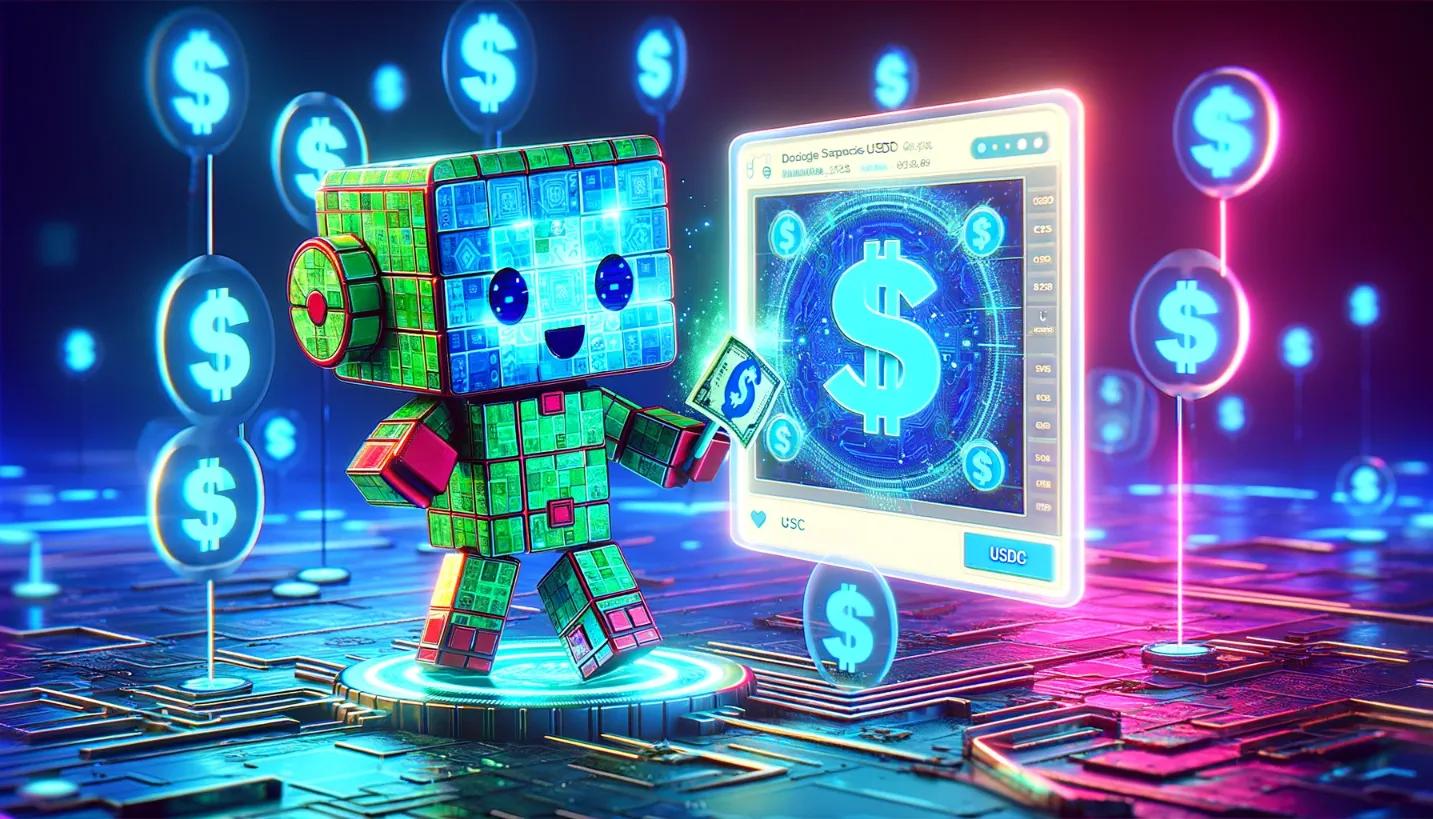 A lively cubic-styled robot engaging with a digital screen displaying the usdc contract address