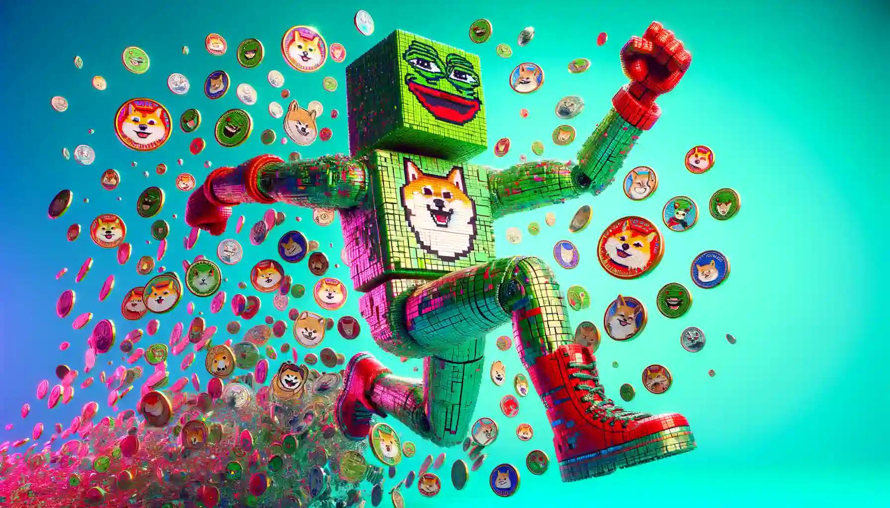 A mosaic robot leaps through a sea of colorful memecoins