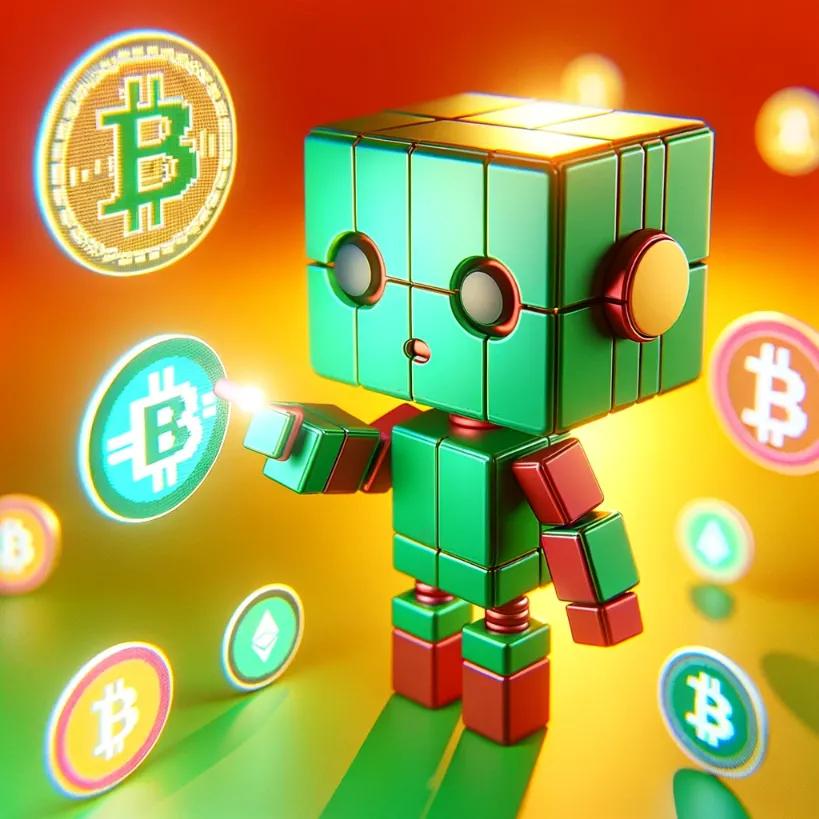 A playful chibi humanoid robot engaging with digital cryptocurrencies, reminiscent of MicroStrategy's dynamic approach
