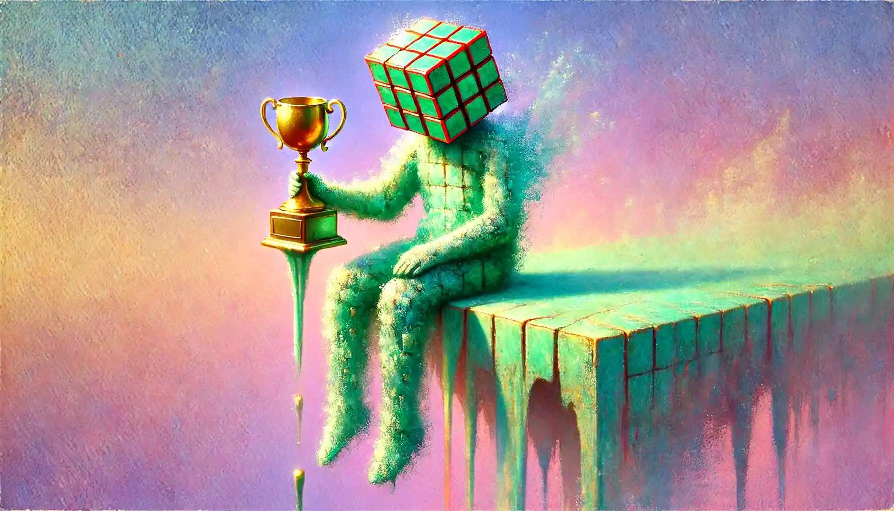 A robot holds a melting NFT trophy in a void