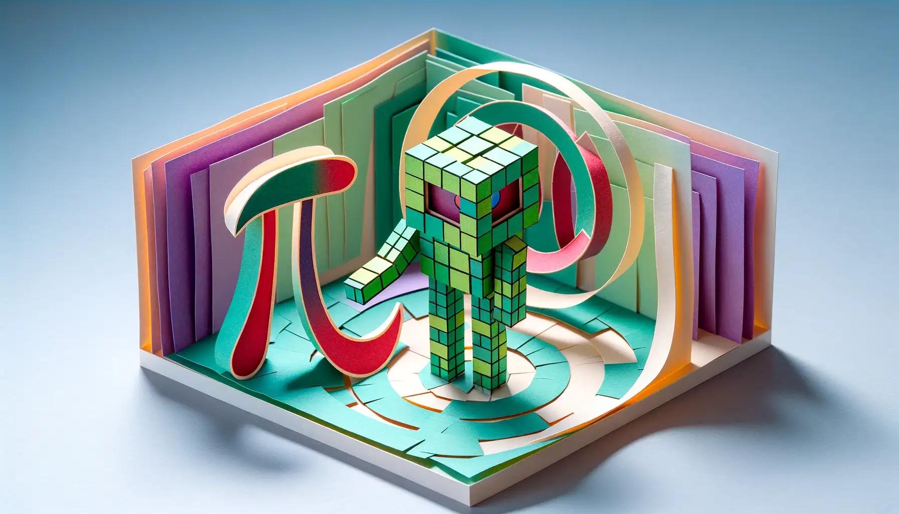 A robot navigates a fragile papercut maze of Pi symbols