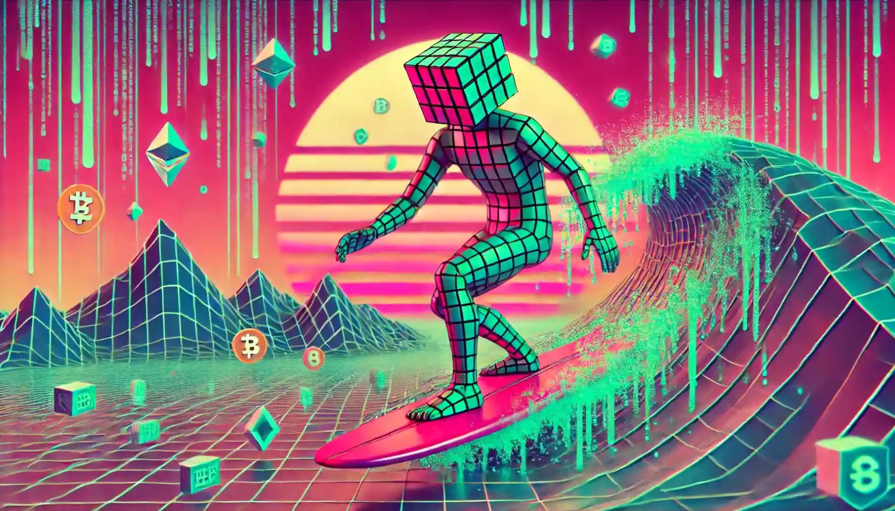 A robot surfs a digital wave of liquidated crypto trades