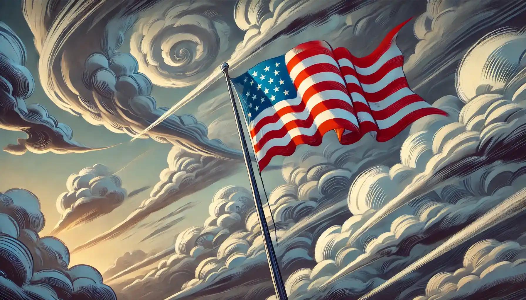 American flag waving on a tall flagpole against a dramatic cloudy sky_11zon.webp