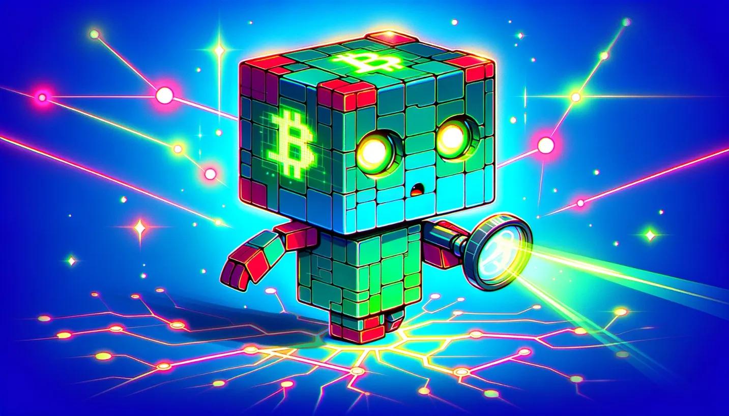 An animated chibi robot diligently searching a blockchain, symbolizing how to find my bitcoin wallet