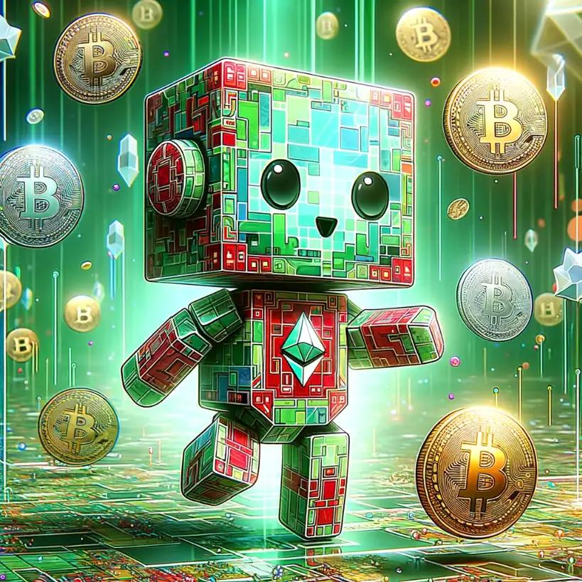 Animated cubic robot actively engaging with cryptocurrency symbols in a digital space.