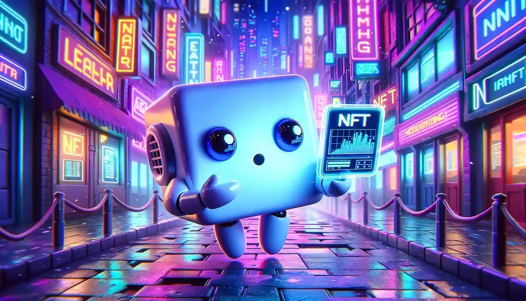 Animated robot digging deep into NFT data, representing the application of AI and machine learning in NFT search