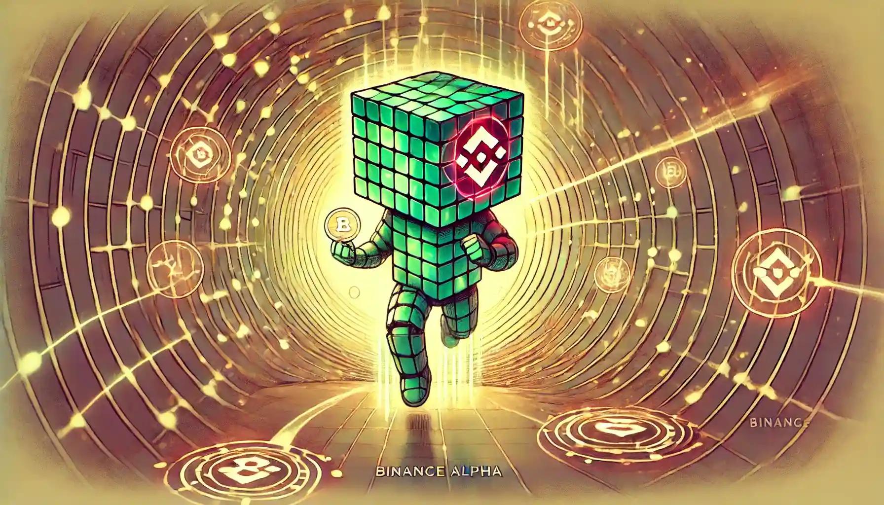 Anime-style Binance robot launching token in a blockchain marketplace