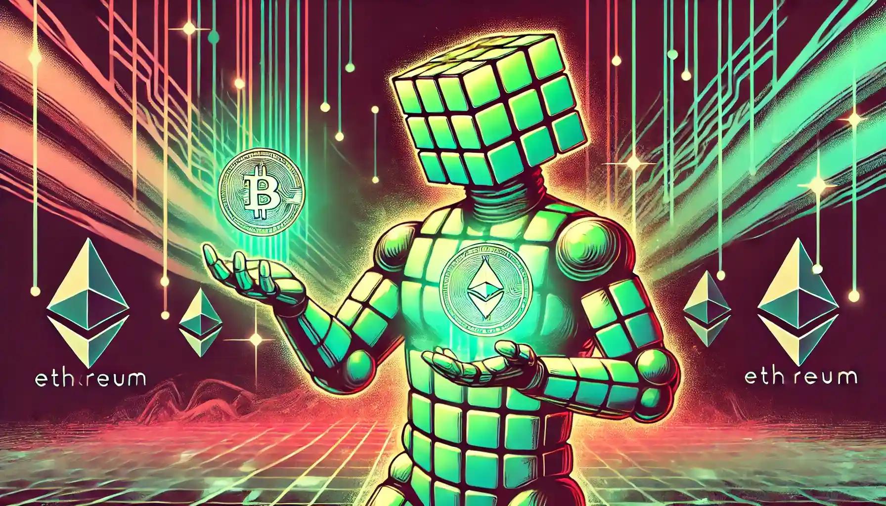 Balancing Bitcoin and Ethereum in futuristic exchange floor