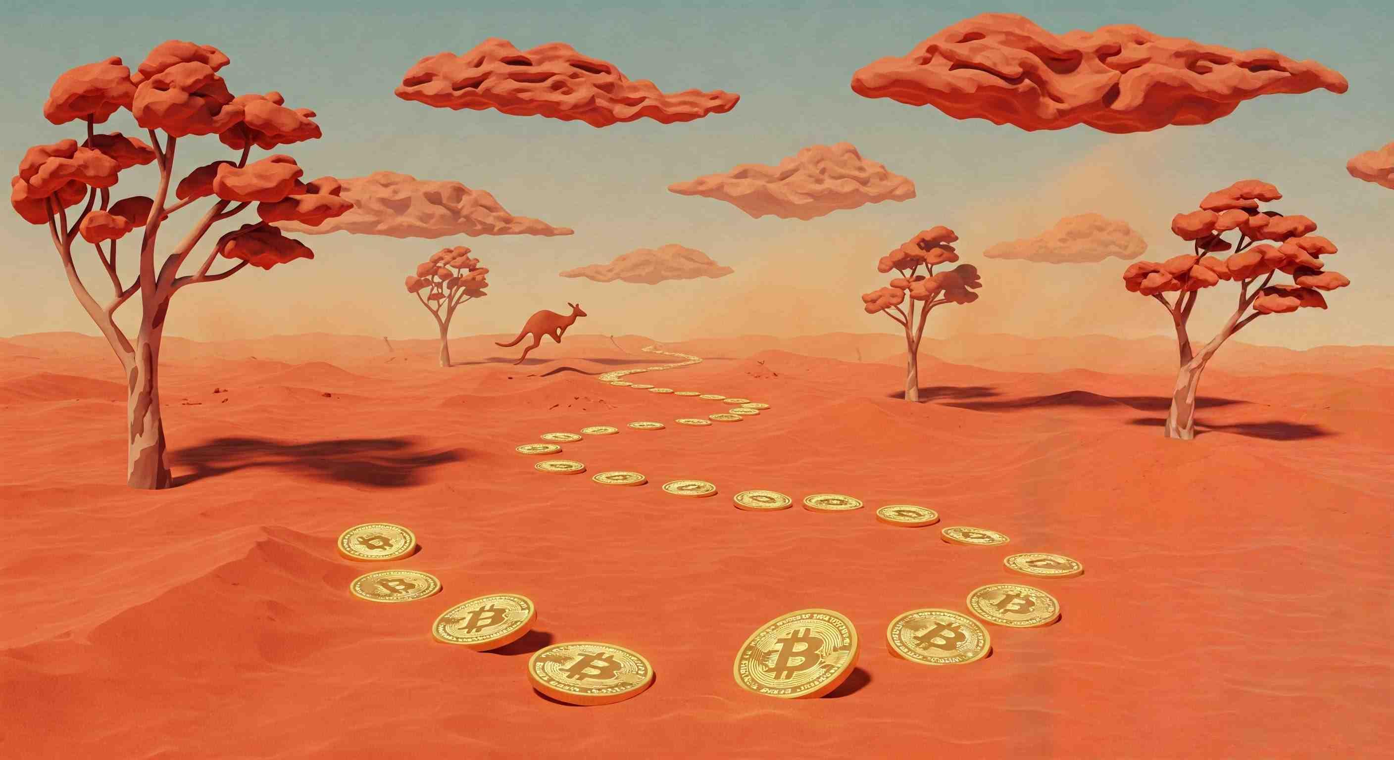Bitcoin coin trail winds through clay desert with kangaroo shadows
