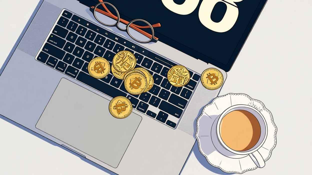 Bitcoin coins on laptop keyboard with coffee cup