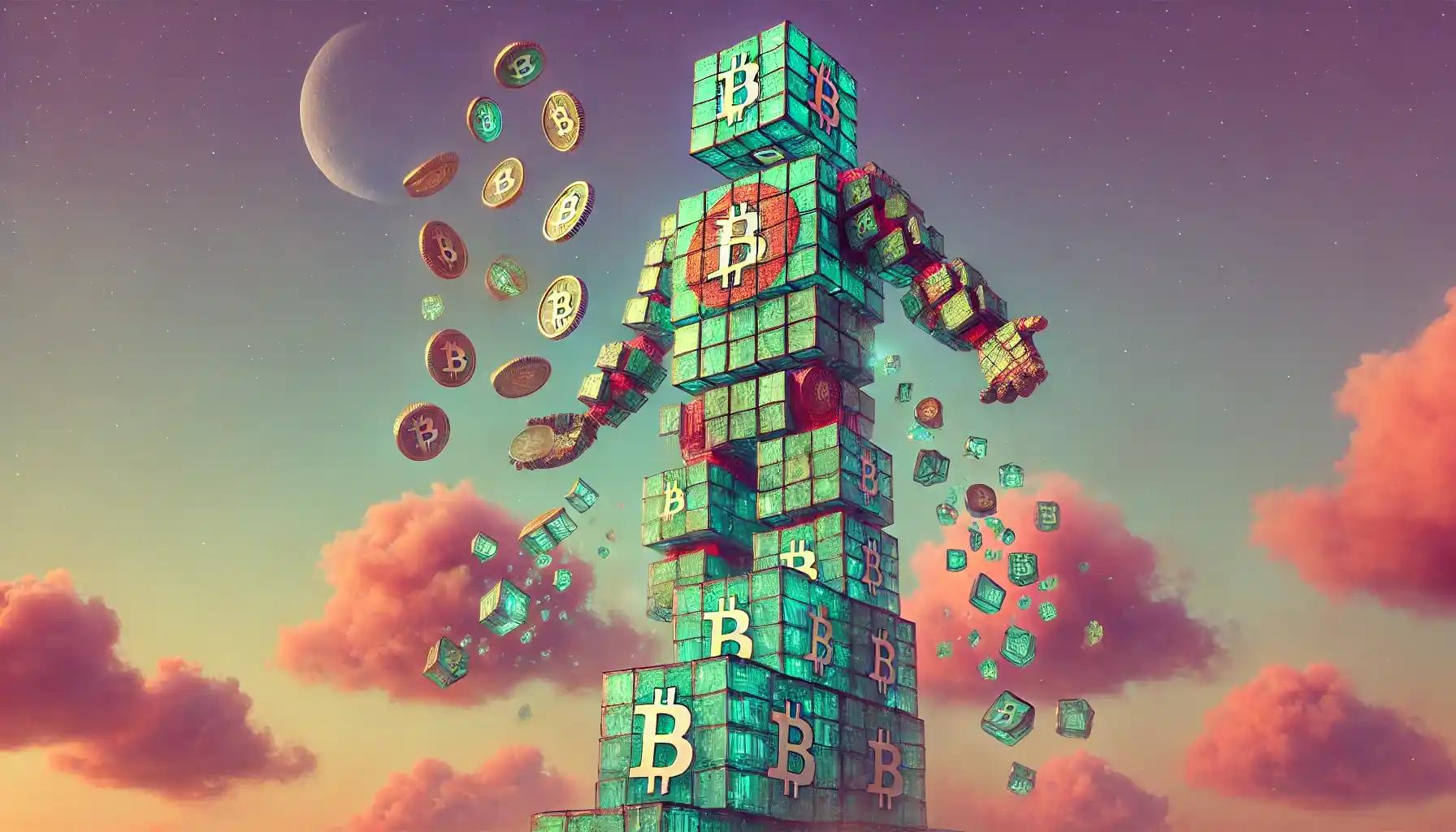 Bitcoin robot releasing swirling coins under pastel twilight sky