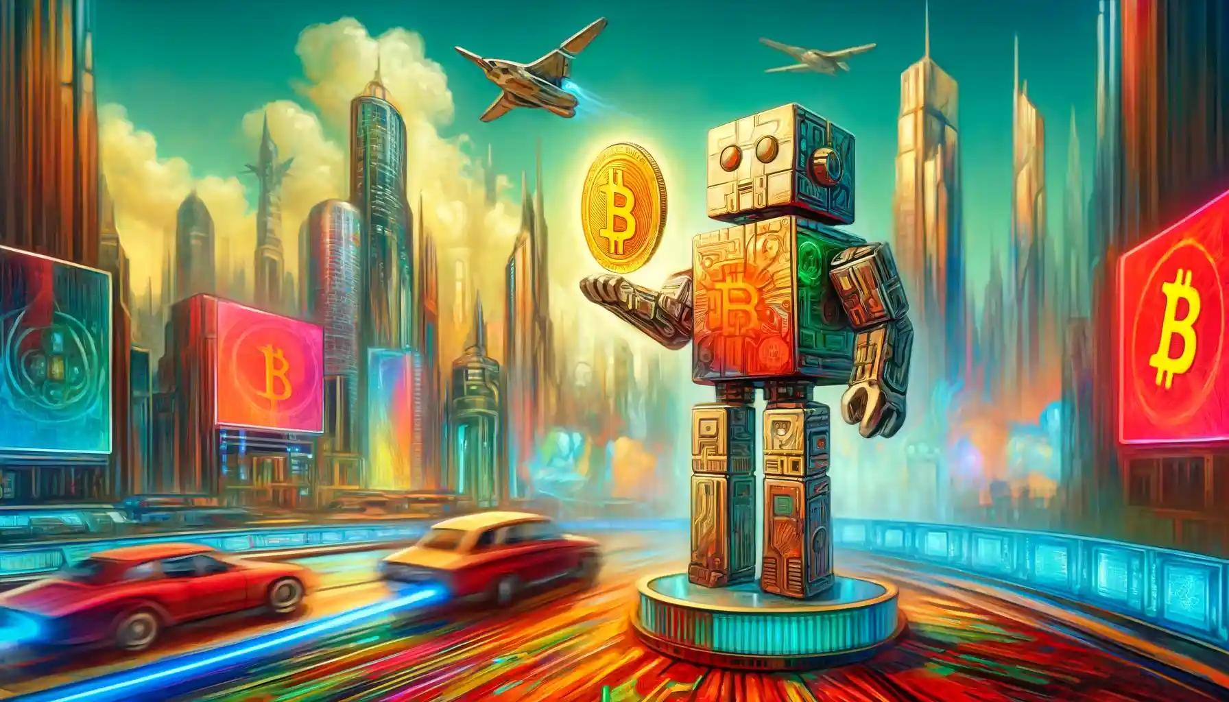 Bitcoin robot triumphantly holds glowing crypto in metallic hand