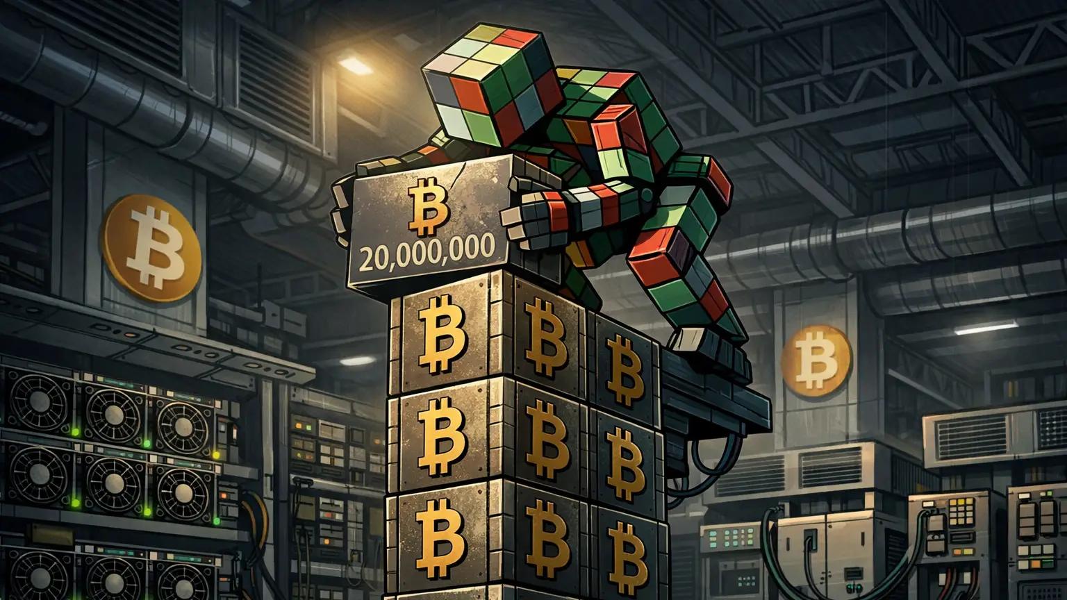 Bitcoin supply milestone robot stacking twentieth million coin in mining facility.