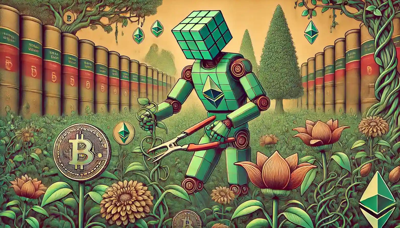 Botanical robot prunes Bitcoin flowers in an overgrown crypto garden