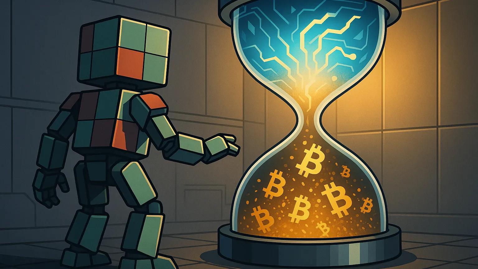 Robot watching Bitcoin hourglass visualizing shrinking blockchain safety timeline