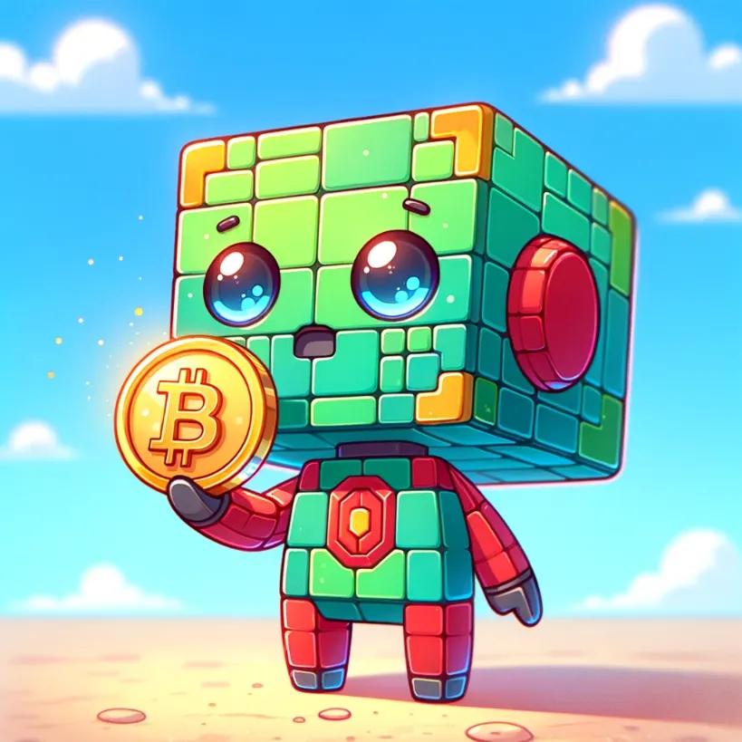 Chibi cubic robot examining a Bitcoin against a bright blue sky