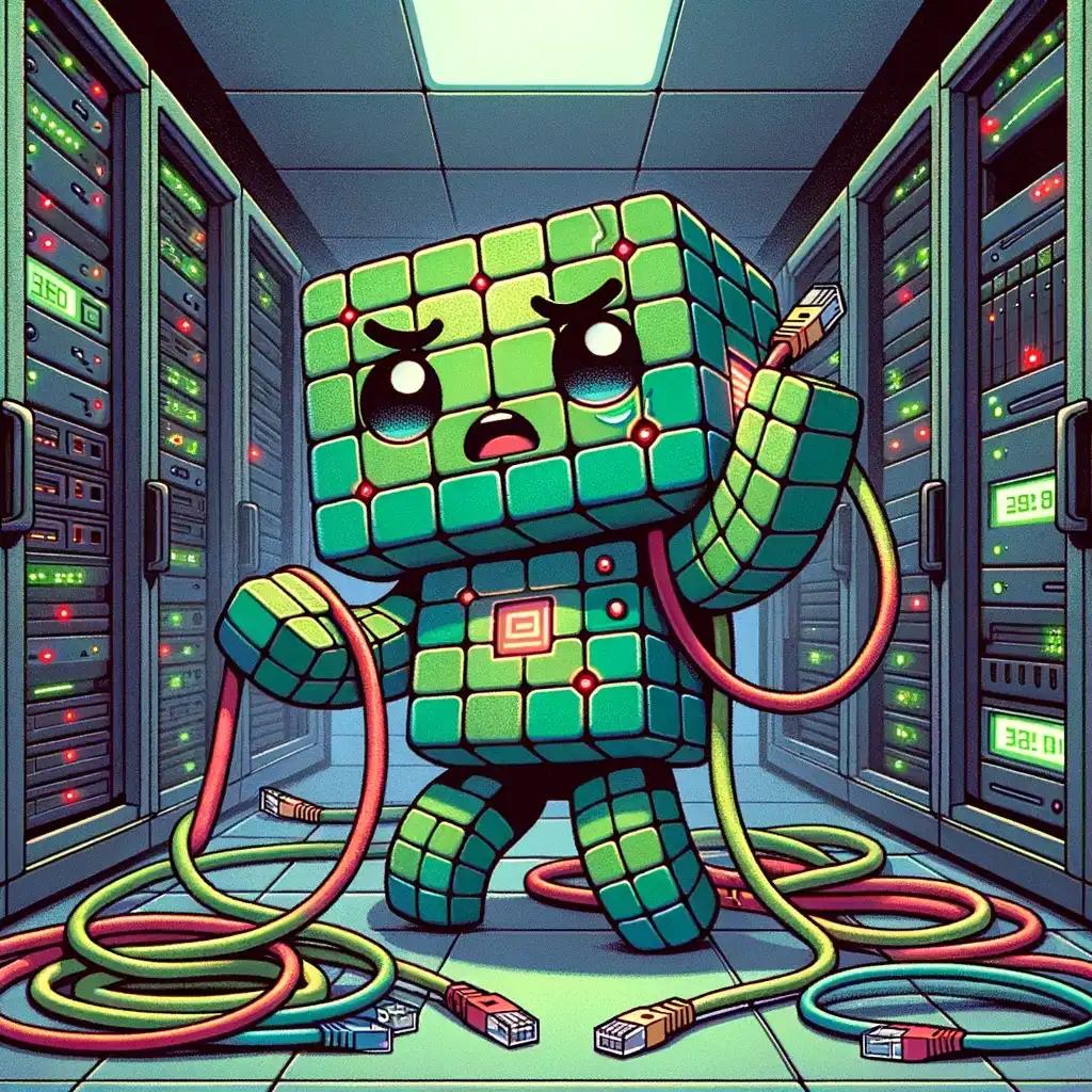 Chibi cubic robot frantically pulling out cables from server rack