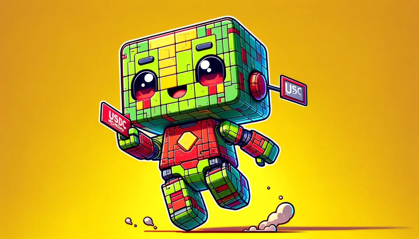 Chibi cubic robot in lively action, subtly conveying USDC vs USDT debate against a bright backdrop