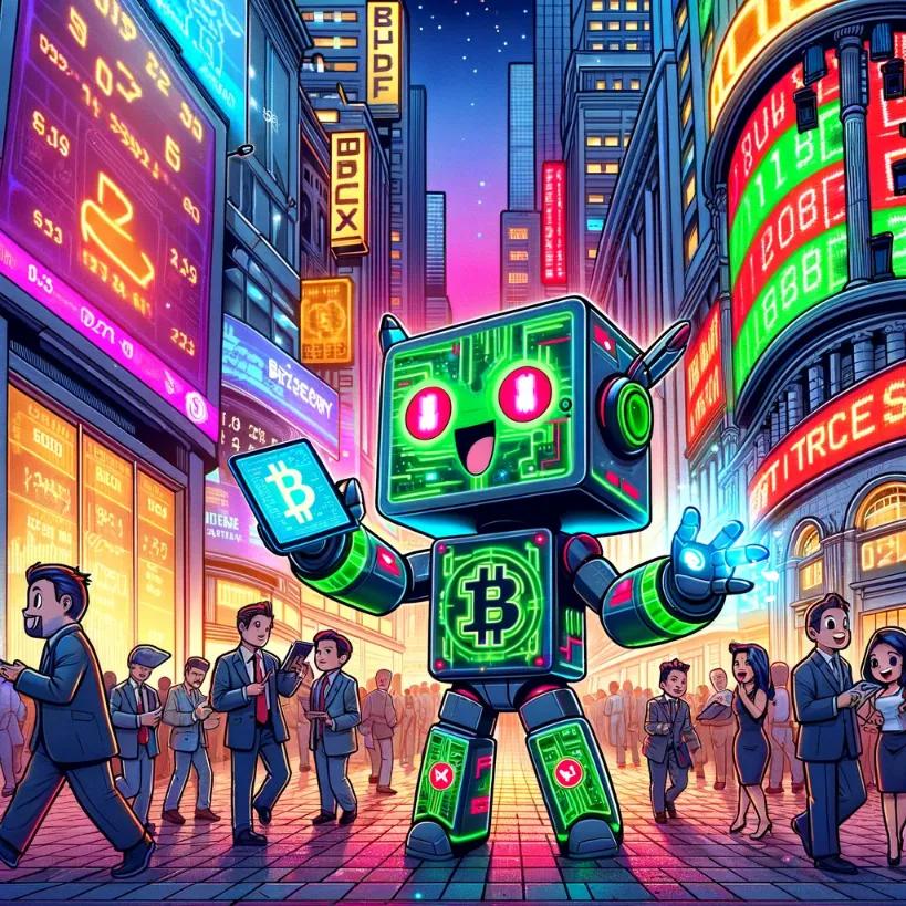 Chibi cubic robot on Wall Street, excitedly displaying Bitcoin ETF trends on a tablet
