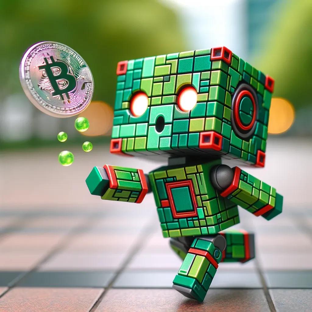 robot with green and red design playfully engaging with a Bitcoin coin in an urban park