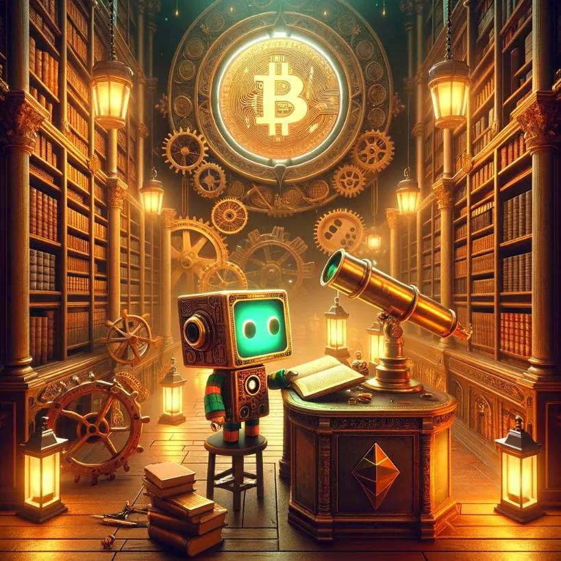 Chibi cubic-styled humanoid robot exploring a steampunk library, gazing at a Bitcoin symbol in the night sky