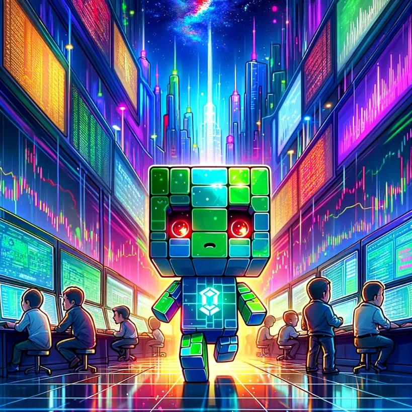 Chibi cubic-styled humanoid robot representing Matrixport in a lively crypto trading floor scene