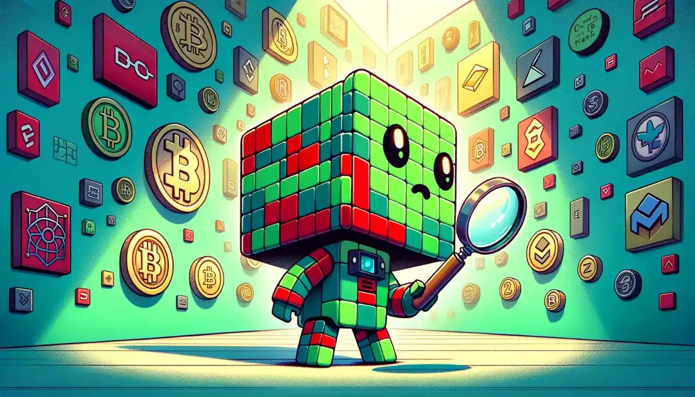 Chibi cubic-styled robot investigating cryptocurrency logos, symbolizing vigilance against fake cryptocurrency websites