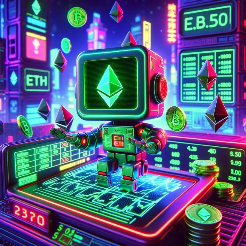 Chibi cubic-styled robot trading Ethereum in a neon-lit digital marketplace