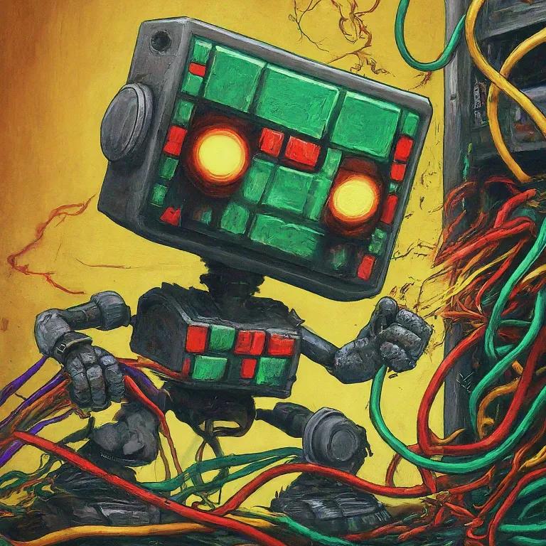 Chibi robot attempts to fix tangled wires representing Coinbase's technical errors during the Bitcoin surge